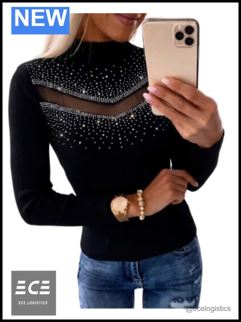 Sparkly Rhinestone Sheer Mesh Long Sleeve Mock Neck Party Top Y2K